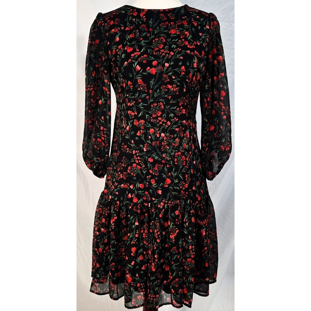 Calvin Klein Black Floral Dress Red Drop Waist Pleated Classic